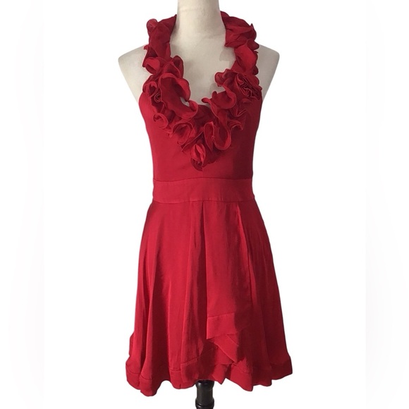 Bebe Red Silk Ruffle Rosette Halter Dress - Picture 2 of 6